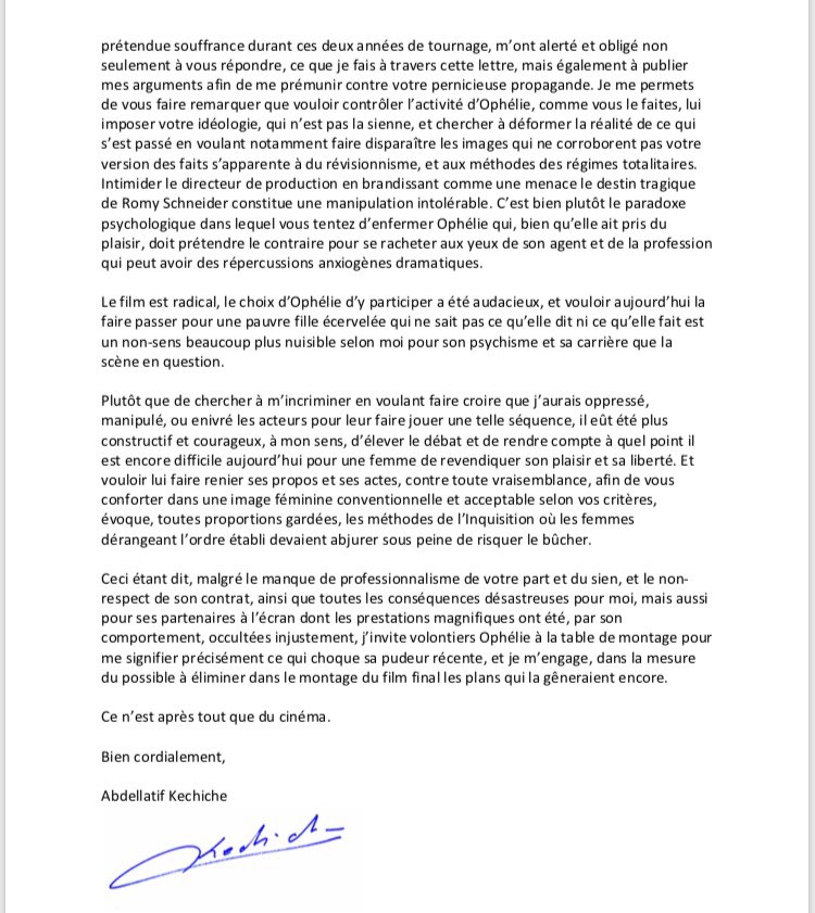 cineMoiJe's tweet photo. Ivre, je me permets de partager une lettre (qui ne m’est pas adressée) et qu’Abdelattif Kéchiche m’a transmise, afin de réparer l’honneur d’Ophélie Bau et le sien.
Bonne lecture. https://t.co/WbdOquovAW