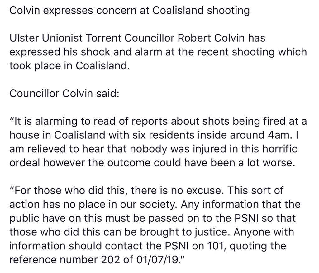 FSTUUP's tweet image. Ulster Unionist Torrent Councillor @RTC_127 has expressed his concern at a shooting in Coalisland.