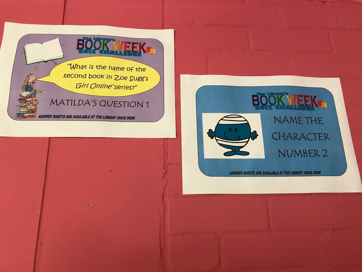 PMSchoolLib's tweet photo. COMPETITION: As it's the English department's Book Week here at @PlumsteadManor, the Library has a Quiz Challenge going on all week. Questions and anagrams are up around the Library. Answer sheets are at the desk. Good luck!📚📚
Check our display for the full Book Week itinerary! https://t.co/pTw73Le31v