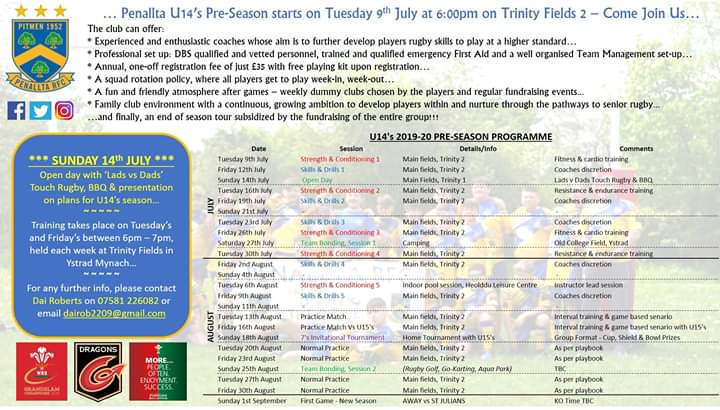 Our U14s pre-season programme... follow us here and give us a look on FB at "Penallta Junior Rugby - Under 14s" 💙💛🏉