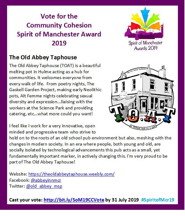 Old_Abbey_MSP's tweet image. Yay!  We have been nominated for TWO #SpiritofManchesterAwards - Best Community Space and Best Community Cohesion.  Could you please vote for us on the two links below : )  bit.ly/SoM19CCVote and bit.ly/SoM19CSVote