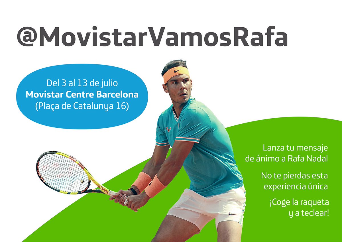 MovistarVRafa's tweet photo. Te esperamos del 3 al 13 de julio en @MovistarCentre para lanzarle un mensaje de ánimo a @RafaelNadal 
¿Te animas? 
#MovistarVamosRafa #Wimbledon https://t.co/qTH2wbXpIz