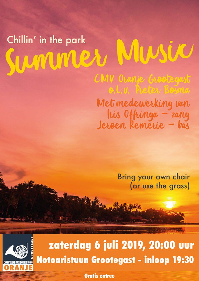 Kom zaterdagavond 6 juli chillen in de Notoaristuun te Grootegast! Dit kan uitstekend onder het genot van een hapje, drankje en mooie muziek door het A-orkest van CMV Oranje Grootegast! Van harte welkom vanaf 19.30 uur. Zien we u daar?! 🥳
