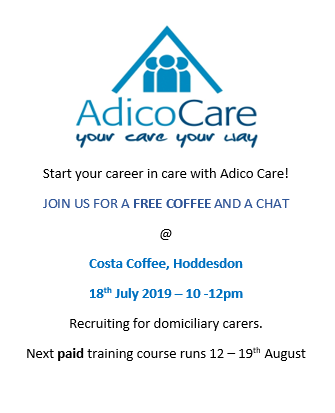 We are recruiting for carers.  Come and meet us for a chat at our coffee morning. Next paid training for the right candidate 12-19th August 2019.