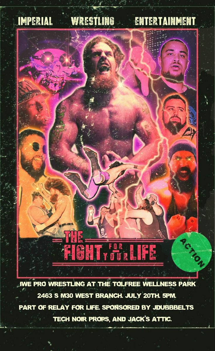 iwegladiators's tweet photo. IWE #BattleZoneTV presents: FIGHT FOR YOUR LIFE! Live from West Branch, MI! Saturday July 20th at 5 PM! Tolfree Wellness Park, part of the annual West Branch Relay For Life event! Limited seating available, so show up early or bring your own to the park! #ExperienceTheDifference https://t.co/OszO5S5rvk