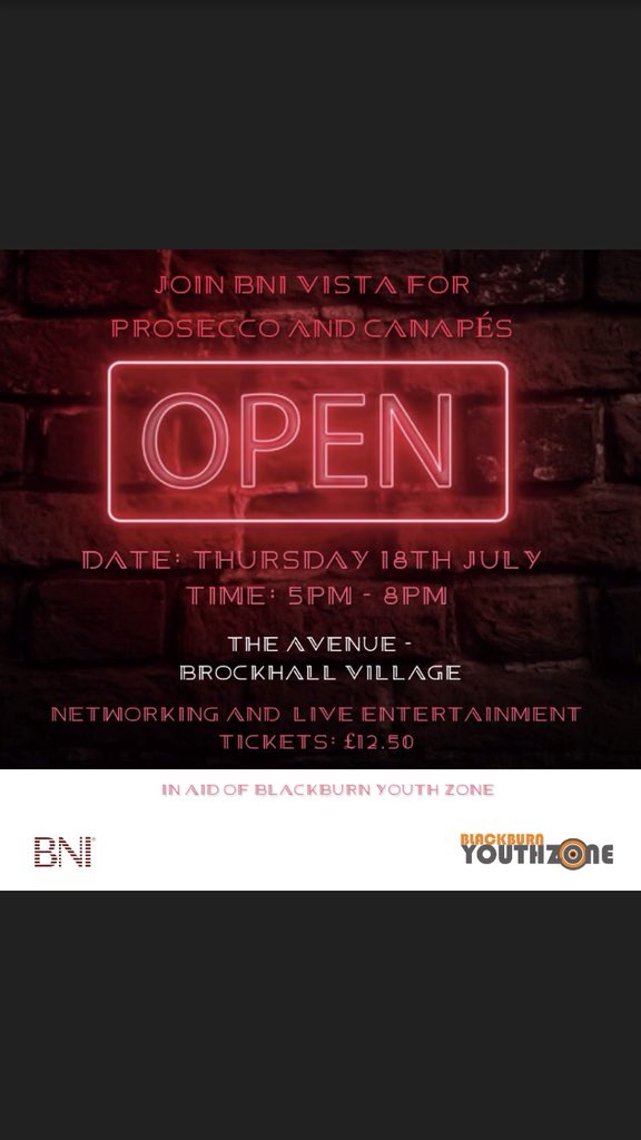 Make sure you don’t miss BNI Vista networking evening at The Avenue at Brockhall Village on Thursday 18th July - tickets only £12.50 and all funds raised goes towards BYZ   

#networking #business #bni 

lnkd.in/d7j__9g