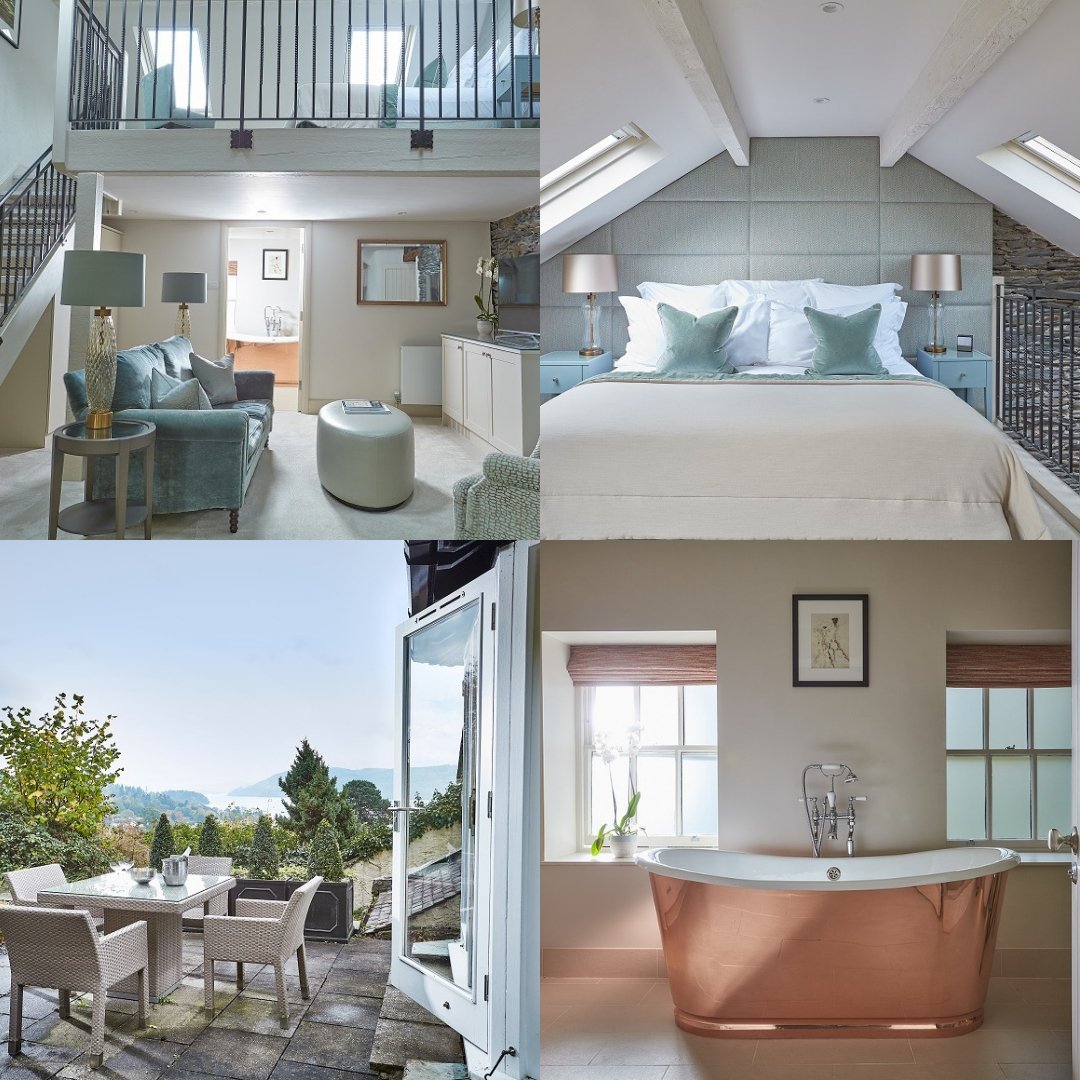 The Windermere Suite; bubble bath supplied, an emperor size bed dressed in plump goose down, lake view terrace - and room service. Relax. #lakedistrict #windermere #luxurysuite