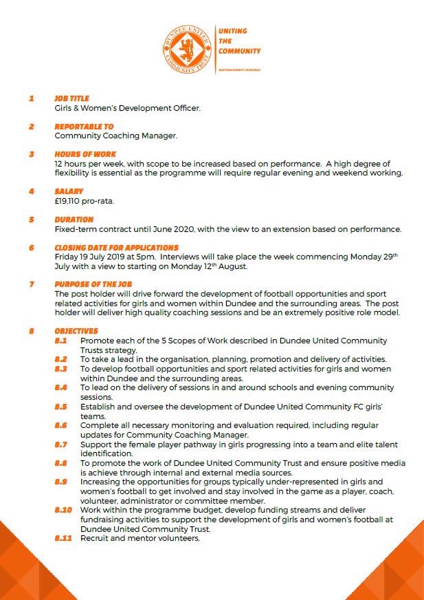 DundeeUnitedFCW's tweet image. VACANCY | We are recruiting a Girls &amp;amp; Women’s Development Officer.  To apply, please e-mail a covering letter and CV to recruitment@dundeeunitedct.co.uk.  Closing date for applications is Friday 19 July at 5pm 🧡🖤 #UnitingTheCommunity