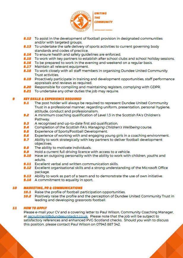 DundeeUnitedFCW's tweet image. VACANCY | We are recruiting a Girls &amp;amp; Women’s Development Officer.  To apply, please e-mail a covering letter and CV to recruitment@dundeeunitedct.co.uk.  Closing date for applications is Friday 19 July at 5pm 🧡🖤 #UnitingTheCommunity