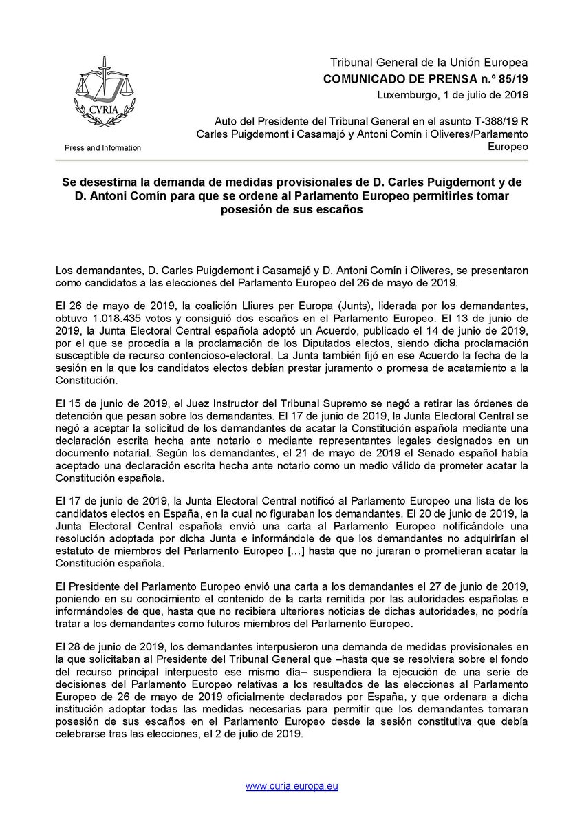 EUCourtPress's tweet image. #El Tribunal General de la UE desestima las medidas provisionales solicitadas por Carles Puigdemont y Antoni Comín en las que pedían que se obligara al #Parlamento Europeo a suspender sus decisiones relativas a la elección de ambos al #Parlamento UE @Europarl_EN @KRLS