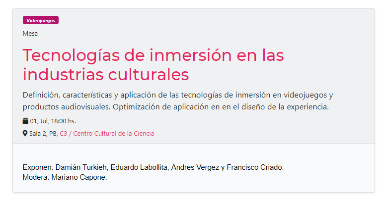 Realidad360Ar's tweet photo. Hoy 18hs Damián Turkieh va a estar hablando en el Mercado de Industrias Culturales @CulturaNacionAR que se lleva a cabo en el @ccdelaciencia junto a varios colegas debatiendo sobre tecnologías inmersivas.
Modera la charla: Mariano Capone.
¡Los esperamos ahí! https://t.co/BeXxgWMEk9