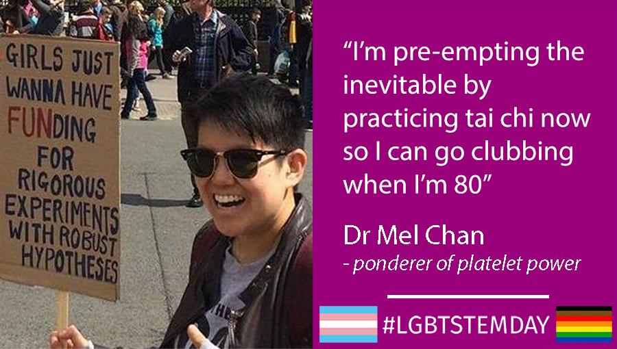 This Friday's line-up for #LGBTSTEMDay features @drmelchan - Mel works with platelets which proves that great things come in very very very tiny packages! @QMULDiversity - come hear her speak & support @PrideinSTEM & @Mermaids_Gender bit.ly/2WSRe8v