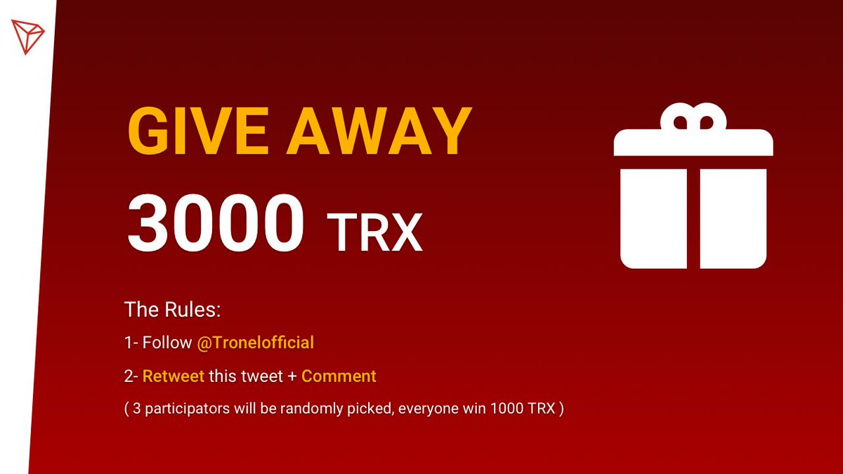 Tronelofficial's tweet photo. 🏆Great campaign
🎁 3000 TRX  Giveaway
3 participators will be randomly selected , everyone win 1000 TRX

✅  Follow @Tronelofficial 
✅   Retweet this tweet + Comment ( mention your friends )

we'll pick the winner at 2000 follower
Follow and retweet to get 2000 follower quickly https://t.co/tdXnlmmW09