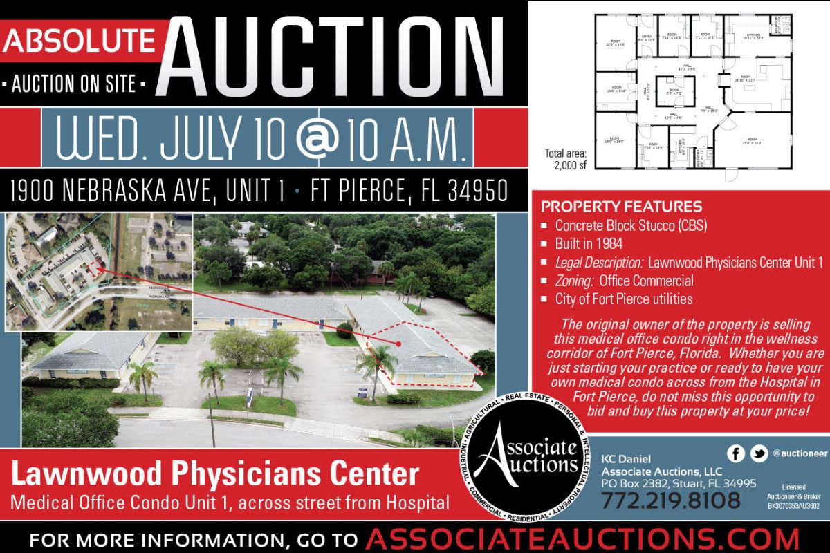 kcdaniel's tweet image. Upcoming Real Estate Auction - mailchi.mp/5f108fe70054/u… Lawnwood Physicians Center, 1900 Nebraska Ave, Ft Pierce, FL - July 10th at 10 am Selling to the Highest Bidder Regardless of Price - Absolute Auction