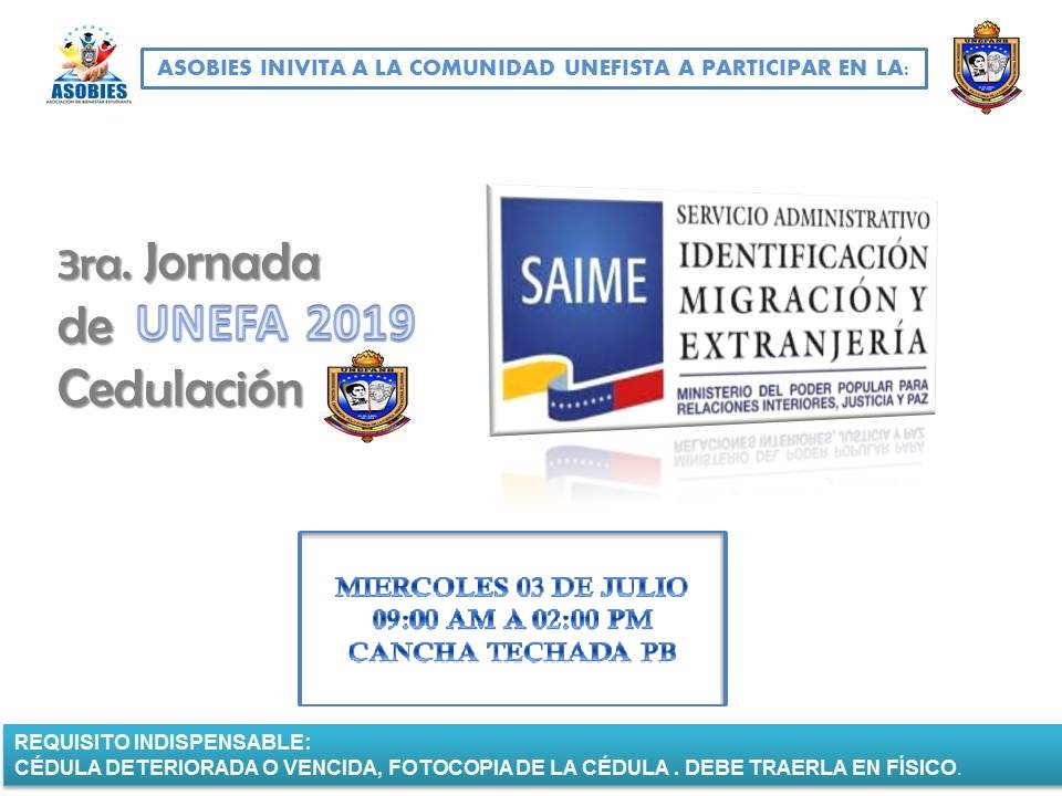 UnefaAsobies's tweet photo. ¡ATENCIÓN! Estudiante, personal administrativo, obrero y docente el #03Jul se realizará la 3ra Jornada de cedulación Unefa 2019 en #SedeCaracas, acércate a la Cancha. En horario comprendido desde las 09:00 am hasta las 2:00pm. https://t.co/Rx9PMqrmEB