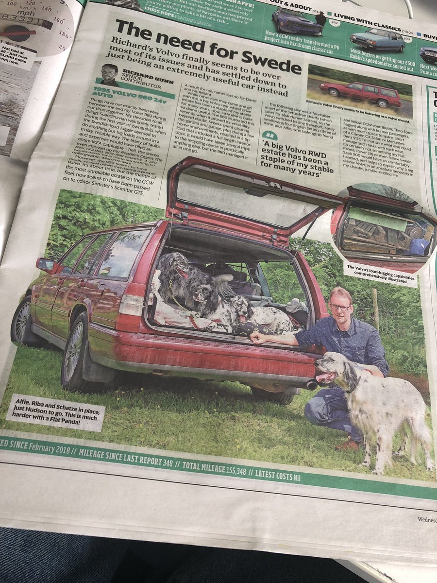 Multiple English Setters plus an old Volvo estate in the current issue of Classic Car Weekly. It’s the best of both worlds! @settusfree @theo_frdsgs #Volvo #Englishsetters #dogsoftwitter