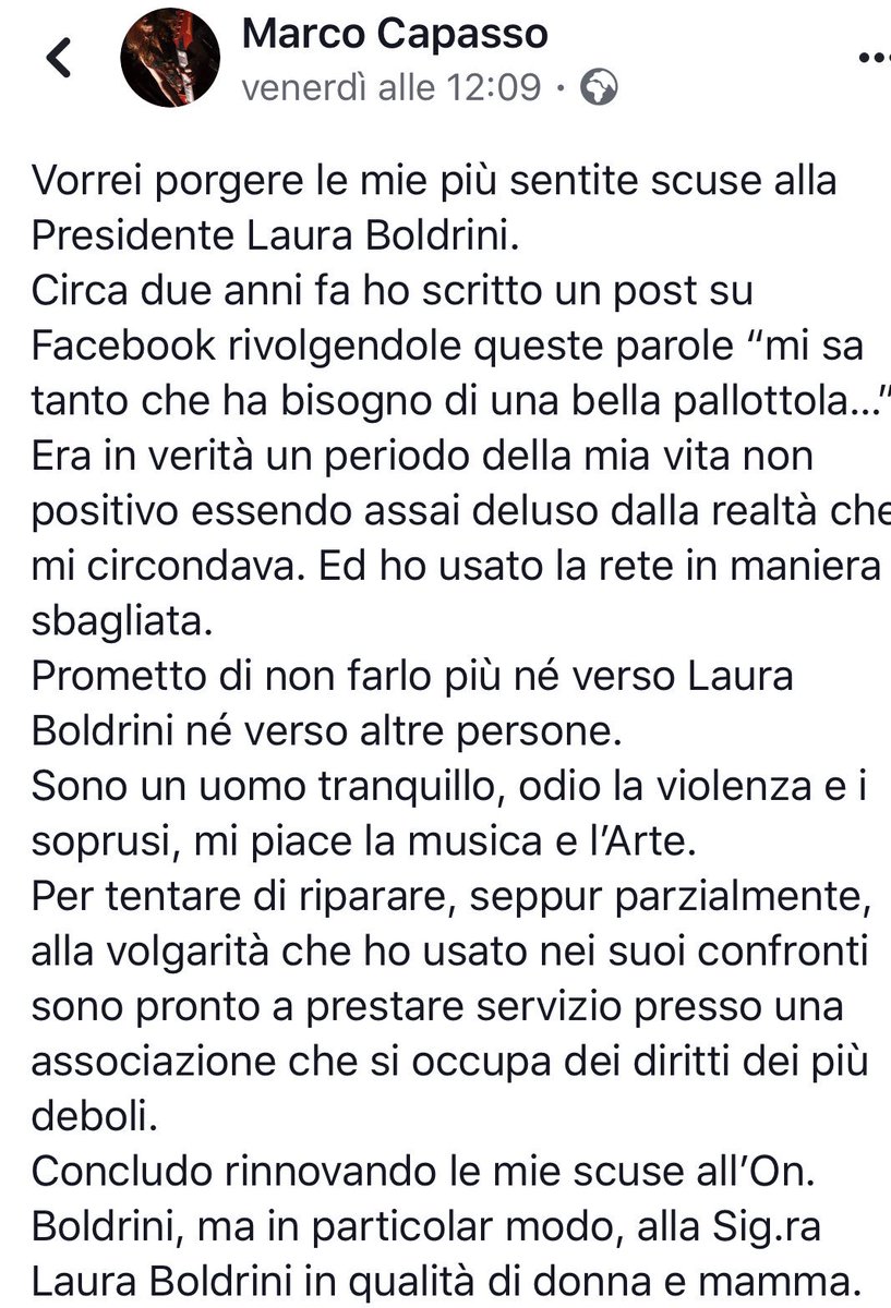 Marco,scuse accettate, per l’impegno a non ripetere simili azioni nei miei e nei confronti di altre persone

Ho trovato un’associazione che si occupa dei più deboli dove presterai servizio di volontariato e il tuo risarcimento lo destinerò a progetti di educazione civica digitale