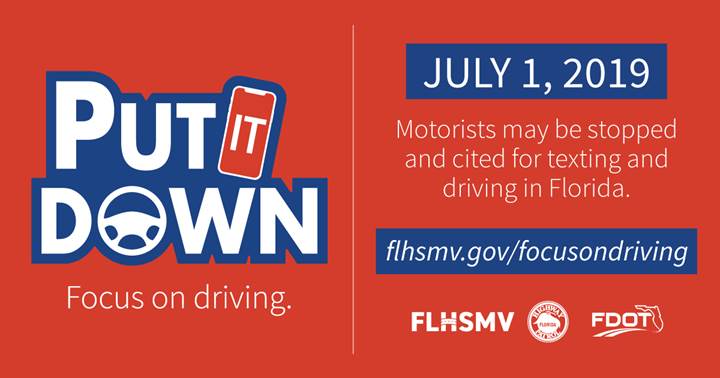 Behind the wheel? Put it down! A new law went into effect today that allows LEOs to stop and cite drivers for texting while driving.

Share this post to help spread the word and make Florida's roadways even safer!

#PutItDown #FocusOnDrivingFL #ItCanWait

flhsmv.gov/safety-center/…