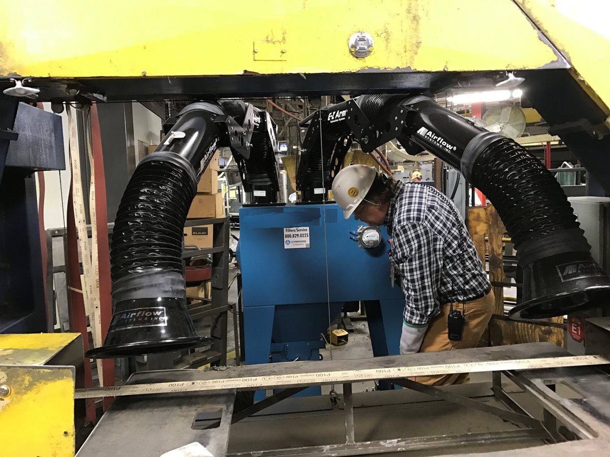 AirPurInc's tweet photo. Inhaling crystalline silica can lead to serious, sometimes fatal illnesses.  Here is one of our powerful dual-arm portable source-capture HEPA Dust-Collectors in action at a customer who is a leading regional countertop manufacturer.  #AirPurInc #OSHA #Silica #SourceCapture https://t.co/7QMcS7ImXO