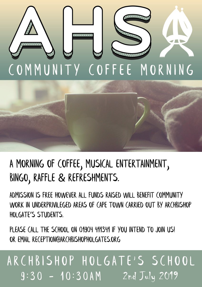 AHS Chaplaincy (@ahschaplaincy) on Twitter photo TOMORROW is the <a href="/AHSYork/">Archbishop Holgate's</a> Community Coffee morning, Tuesday 2nd July 9.30-10.30. Everyone is very welcome
Run by Year 9 students working on their Young Leaders Award. Please RT <a href="/DioceseOfYork/">Diocese of York</a> <a href="/ABYyouthtrust/">Archbishops' Young Leaders Award</a> <a href="/BBCYork/">BBC York</a> <a href="/yorkpress/">The Press</a> @minsterfm TOMORROW is the <a href="/AHSYork/">Archbishop Holgate's</a> Community Coffee morning, Tuesday 2nd July 9.30-10.30. Everyone is very welcome
Run by Year 9 students working on their Young Leaders Award. Please RT <a href="/DioceseOfYork/">Diocese of York</a> <a href="/ABYyouthtrust/">Archbishops' Young Leaders Award</a> <a href="/BBCYork/">BBC York</a> <a href="/yorkpress/">The Press</a> @minsterfm