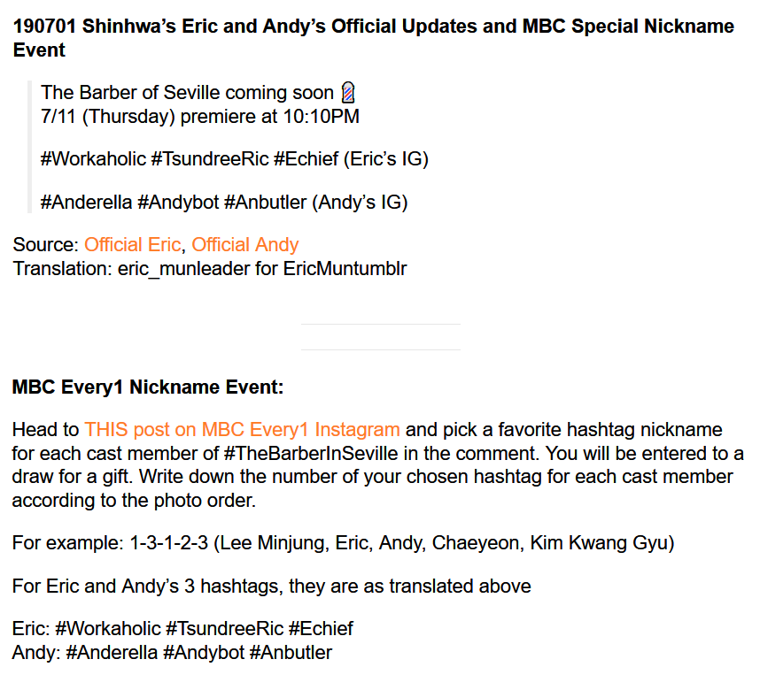 Phi_216's tweet photo. MBC Every1 has a nickname event for #TheBarberOfSeville cast 👉
https://t.co/0ACV5zPZZb

#Workaholic #TsundreeRic #Echief
#Anderella #Andybot #Anbutler
I see lot of 3 for RicDy😆

#Eric #EricMun #Andy #Shinhwa #ElBarberoDeSevilla #신화 #문정혁 #에릭 #앤디 #릭디 #세빌리아의이발사 https://t.co/B1VzL1N9V0