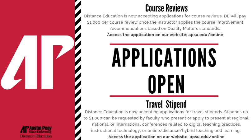 APSUDistanceEd's tweet photo. Course Reviews / Travel Stipend applications are now open!!!🤗🥳👏 You can access the application on our website: https://t.co/bHDef92qN1 #apsuDE #CourseReviews #TravelStipend https://t.co/28Vu0mtSW7