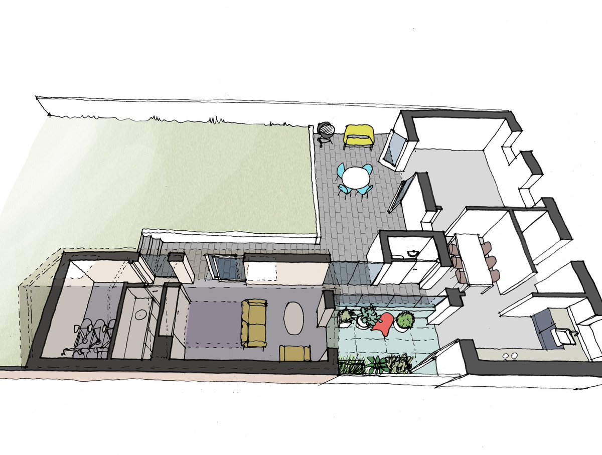 potentialetc's tweet image. ...here's my plan visual of the period thatched house extension. The extension is simple &amp;amp; barn-like with vaulted ceilings and floor to ceiling windows - a nice contrast to the low-beamed &amp;amp; darker main house. The glazed link helps provide a sun-trap herb garden off the kitchen...