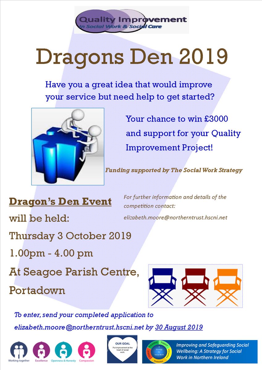 1ElizabethMoore's tweet photo. @NHSCTrust @HSCInnovations @CMcGonigleNHSCT @kathryncarmich5 Applications welcomed from all NI Trusts, for funding and support for your Social Work Quality Improvement Project, click poster for details. https://t.co/aCfTDd9gJK