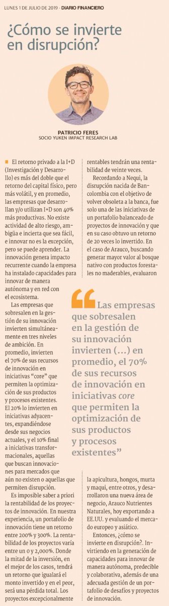 Hoy <a href="/DFinanciero/">Diario Financiero</a> <a href="/p_feres/">Pato Feres</a> 👉 Las empresas que sobresalen en la gestión de su innovación invierten simultáneamente en 3 niveles de ambición: 70% en iniciativas "core", 20% iniciativas adyacentes y 10% en iniciativas disruptivas, Cuál ha sido tu experiencia? bit.ly/2LwWtIL