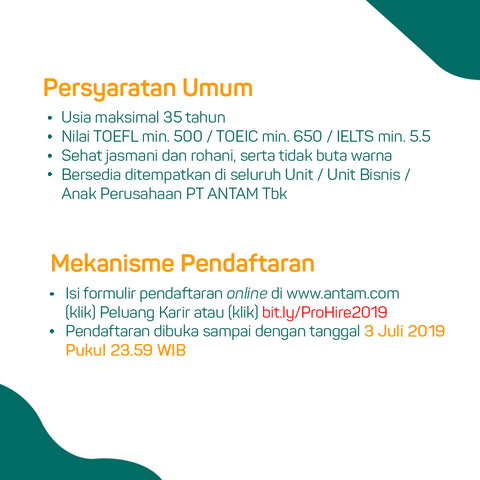 OfficialAntam's tweet photo. Build Your Career with Us!

ANTAM membuka kesempatan untuk membangun karir pada Open Recruitment Professional Hiring 2019.

Persiapkan semua berkas data diri Anda lalu ikuti semua mekanisme pendaftaran dan alur seleksi penerimaan yang telah di tentukan. https://t.co/gu5bUi4rqb