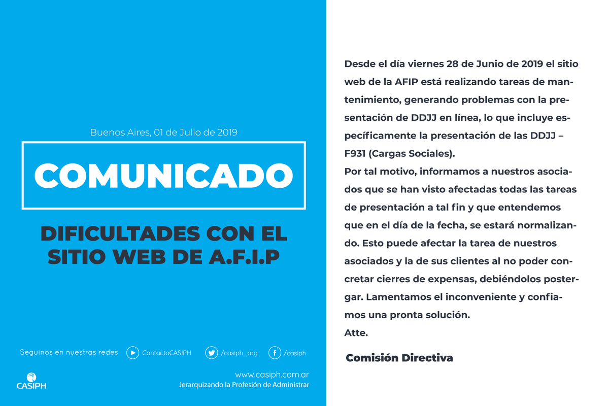 casiph_arg's tweet photo. 📢 COMUNICADO
👉DIFICULTADES CON EL SITIO WEB DE A.F.I.P.

📢 Seguinos en nuestras redes y accedé a contenidos exclusivos. 
🔹Facebook > https://t.co/tj9iCQdntp
🔹Youtube > https://t.co/QGDagMEtaT

#CASIPH
✉️ contacto@casiph.com.ar
🌐 https://t.co/FaMekPrVAP https://t.co/gpbdYWm9iM