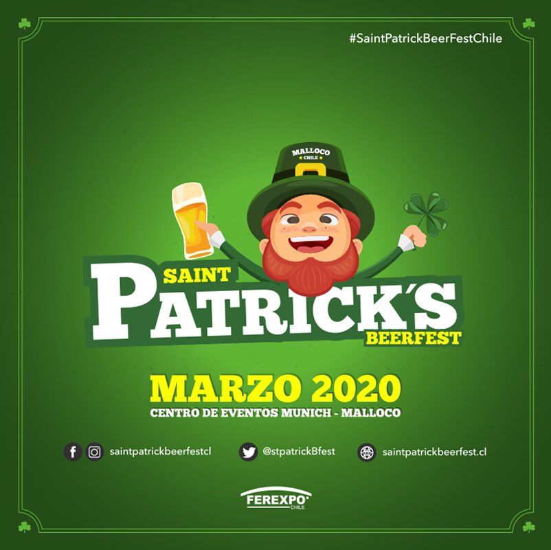 ¿Te gusto nuestra sorpresa?
Coméntanos...

Pronto más información... Atentos!!!

Saint Patrick’s Beerfest Chile 
Fecha: Marzo 2020 ( días por confirmar)
Lugar: Centro de Eventos Múnich Malloco
Organiza: Ferexpo Chile

#saintpatrickbeerfestchile
#santpatrickchile
#oktoberfestchile
