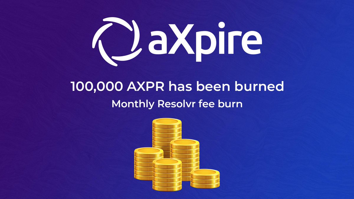 TryMoola's tweet photo. 100,000 $AXPR has been burned for week 26 of 2019, representing 5% of #Resolvr's monthly revenues. #AXPR's token supply is continually diminishing with burns every week attached to use and adoption of https://t.co/RxeikFGQHo's products and platforms.
TX: https://t.co/rHyiTWB7Jb https://t.co/Z4251ie75Z