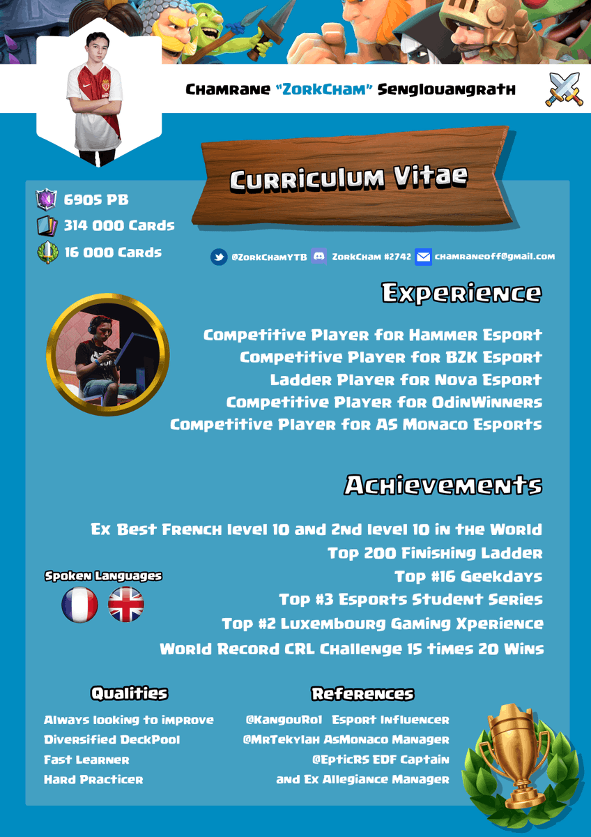 Since Monaco closed Clash Royal team, I'm now Free Agent and listening to all offers. Don't hesitate to ask me questions if needed, I'll surely can inform you.

RT are much appreciated 😇