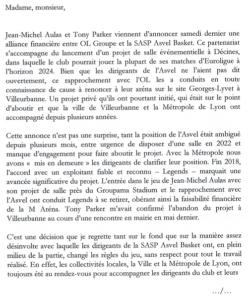 O_buzzer's tweet photo. Lettre de @JeanPaulBret, maire de @villeurbanne, adressée aux adhérents et supporteurs de @LDLCASVEL, ainsi qu’aux différents acteurs du basket à Villeurbanne, suite au rapprochement avec @OL https://t.co/iaIZjofYby