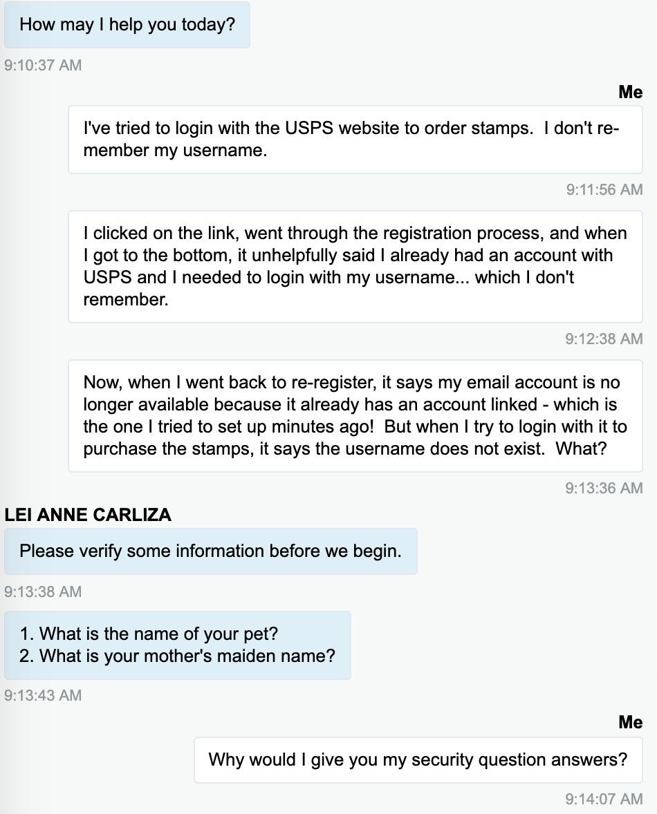 debzanne's tweet photo. @usps Seriously?  I'm thinking that I'm going to order stamps online from somewhere else from now on!  Can't re-register, and sketchy help-chat experience. https://t.co/JYJ8LI70mN