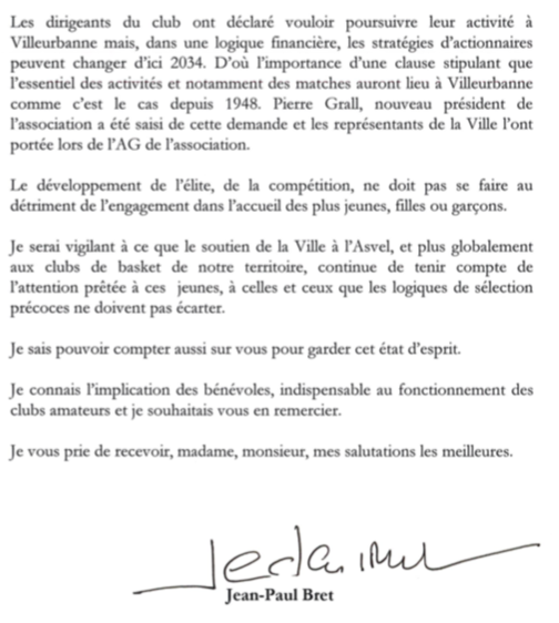 O_buzzer's tweet photo. Lettre de @JeanPaulBret, maire de @villeurbanne, adressée aux adhérents et supporteurs de @LDLCASVEL, ainsi qu’aux différents acteurs du basket à Villeurbanne, suite au rapprochement avec @OL https://t.co/iaIZjofYby