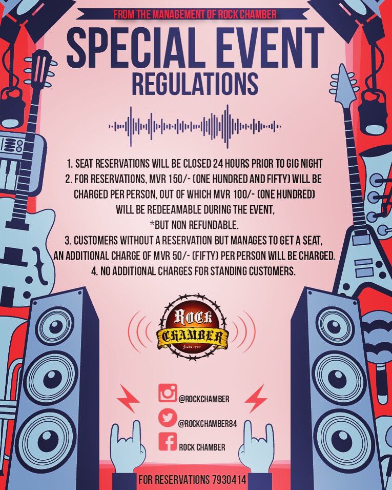 Dear valued customers,
We would like to inform you that we have made a few regulations for every special event night held at @rockchamber . 
#specialevent #reggaenight #themenight #rockchamber #maldives #hulhumale