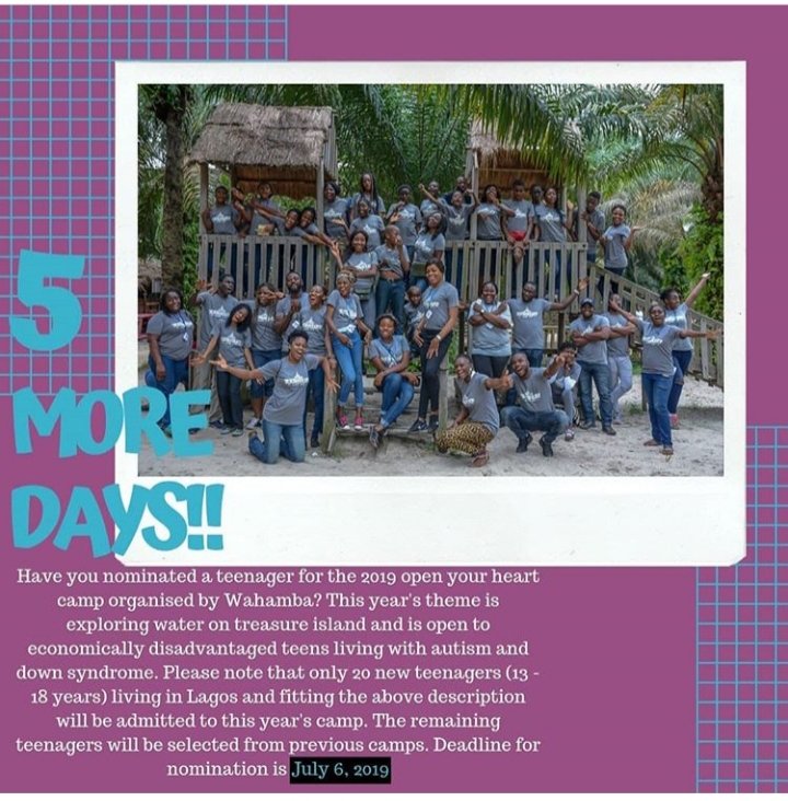 wahamba_ng's tweet photo. Have you nominated a teenager living with autistim or Down syndrome to participate in the Open Your Heart Camp 2019?
If no let's hear from you. Happy New Month guys π Please spread the word.
#OYHC2019
#Autism
#downsyndrome #Empowerment #naturelearning https://t.co/lmMsliVs8t