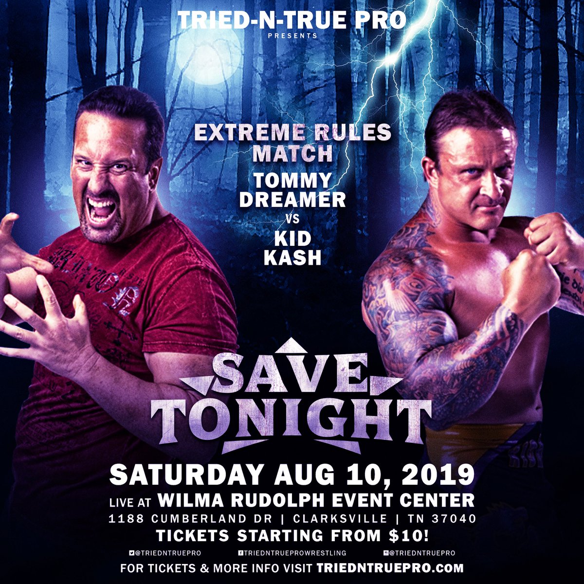 🚨MATCH ANNOUNCEMENT🚨
Coming out of the gates strong with the first official match announcement for 8/10/19 At Tried-N-True Pro: 'Save Tonight', ECW legends collide, as Tommy Dreamer takes on Kid Kash in an Extreme Rules Match!
🎟 Get your tickets NOW at TriedNTruePro.com