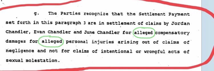 13/14 the values of settling, and what would be in their best interest had they settled. Moreover, the civil case settlement clearly states that it was not in regards to claims of child molestation but rather *alleged* personal injuries ARISING out of *claims* of “*NEGLIGENCE*”
