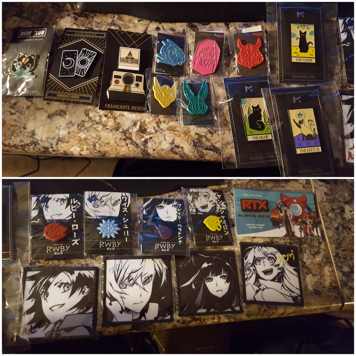 OfficialDStarr's tweet photo. #RTXAustin Pin &amp; Patch Haul courtesy: @dereclub_atx, @FrameRateMerch, #CoopVideo, @megturney, &amp; @TheRTStore!!! #genLOCK #RWBY https://t.co/dFajJE6XQH