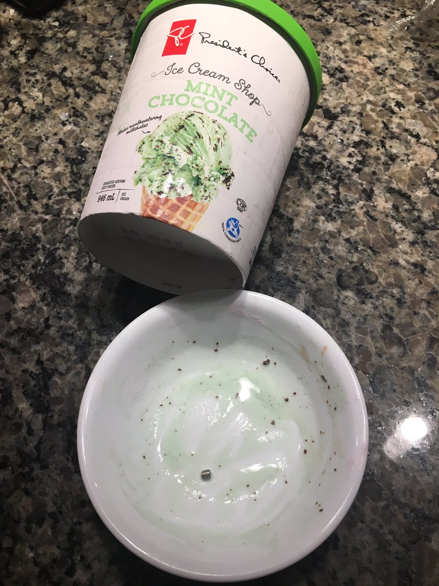 myraaa_21's tweet photo. So I sat down to have some #PresidentChoice mint choc ice cream when I find my teeth crunch on THIS! PIECE. OF. METAL. IN. MY. ICE. CREAM.!?!?!?!!! @loblawco WHAT IS THIS?! My young cousins have eaten this too and I CANT BARE the thought of this harmful metal in their bodies. :( https://t.co/AXvyKJ8PYr