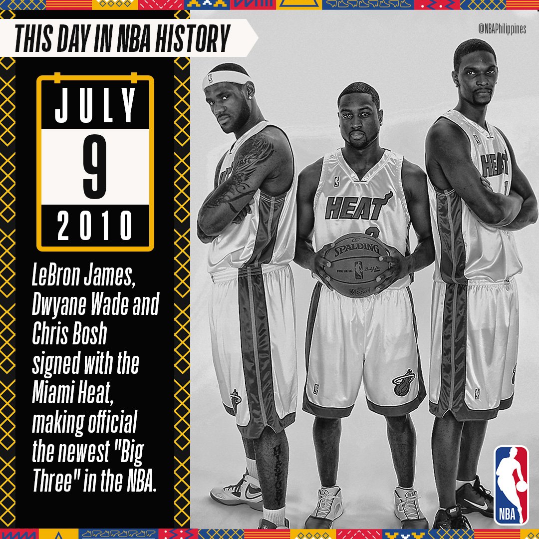 NBA_Philippines's tweet photo. On this day, @MiamiHEAT's "Big Three" was assembled. @DwyaneWade, @chrisbosh and @KingJames formed a devastating trio that won back-to-back NBA championships. Which "Big Three" is the most dominant in NBA history? #HeatCulture #ThisDayInNBAHistory ⌛🏀 https://t.co/dEmWaq4KNa