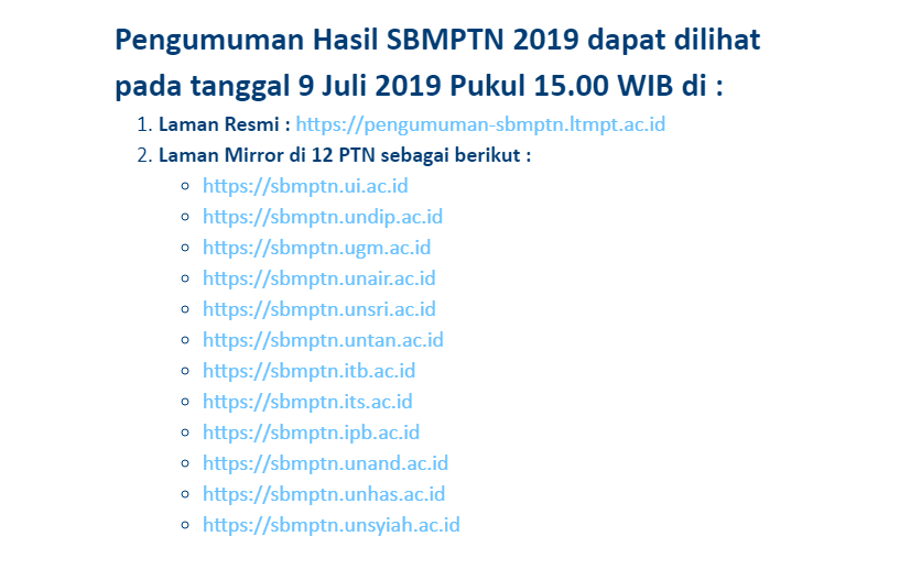 Pengumuman Hasil SBMPTN 2019 dapat dilihat pada tanggal 9 Juli 2019 Pukul 15.00 WIB
