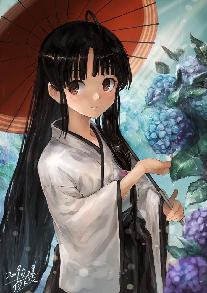 shouhou (kancolle) 1girl long hair black hair solo umbrella japanese clothes flower  illustration images