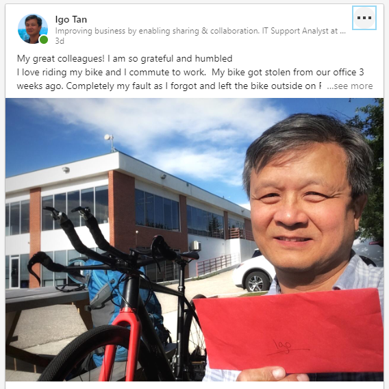 My bike got stolen from our office 2 weeks ago. 
My great colleagues replaced my stolen bike!
#YYCBIKE 
linkedin.com/feed/update/ur…