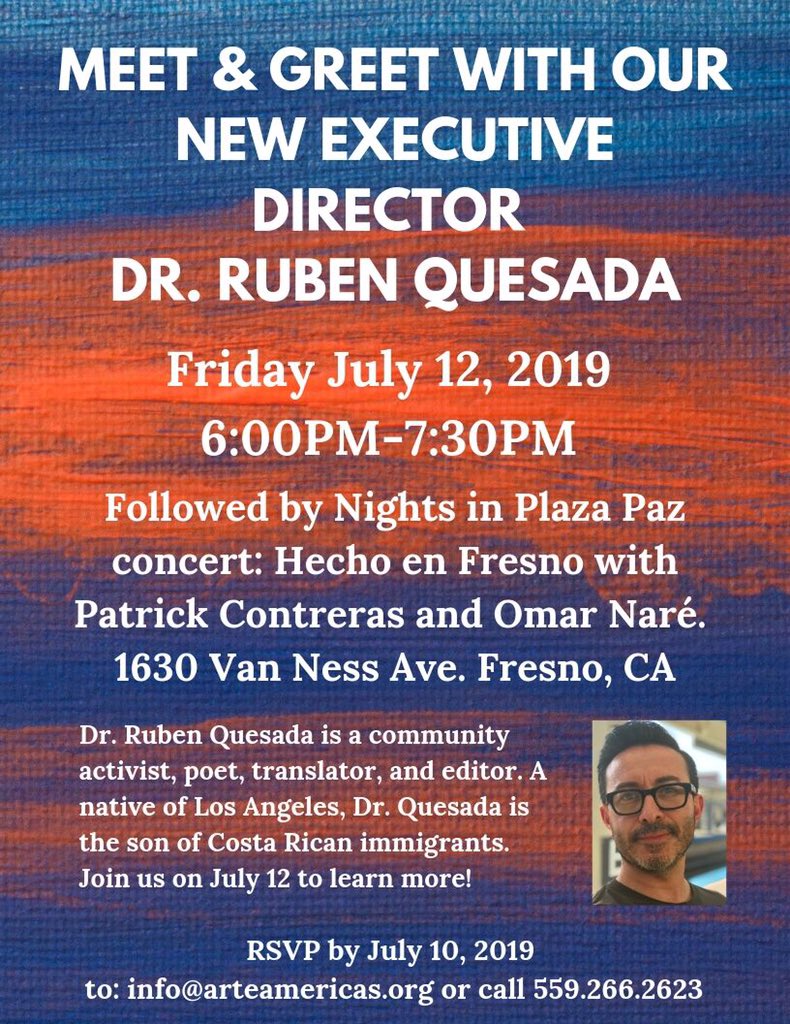 Before you head to Plaza Paz, don't forget our Meet &amp; Greet with our new Executive Director, Dr. Ruben Quesada (@rubenquesada)! RSVP to info@arteamericas.org or by phone by July 10th! The event will be from 6-7:30, ending just in time for a night of music and community!