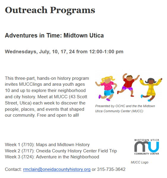 UticaCollegeCHR's tweet photo. Here's the July events for Oneida County History Center! To find out more you can check out their twitter @OCHCTweet or contact rmclain@oneidacountyhistory.org or 315-735-3642 https://t.co/rVtdoA1Ply