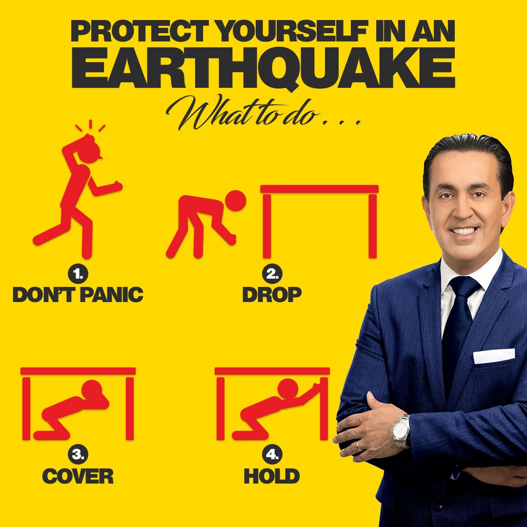 JacobEmrani's tweet photo. Stay away from windows, heavy furniture and appliances. When you are outdoors, move away from buildings, trees and power lines. If you are driving, pull over and stay there. We want YOU to be safe if another earthquake happens. #earthquake #CaliforniaEarthquakes #EarthquakeTips https://t.co/0khr6a2Cze